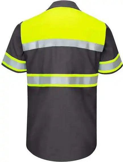 Red Kap Sy80l Hi Visibility Colorblock Ripstop Short Sleeve Work Shirt Tall Fluorescent Yellow Charcoal