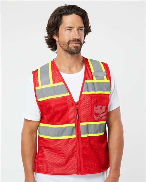 Red/ Lime - B153 EV Series® Enhanced Visibility 3 Pocket Mesh Vest - B150-156