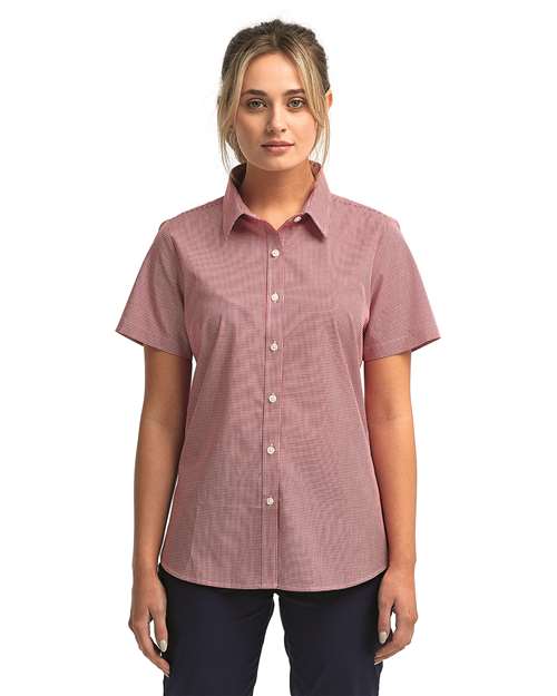 Red/ White Women&#39;s Microcheck Gingham Short Sleeve Cotton Dress Shirt - RP321
