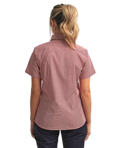 Red/ White Women&#39;s Microcheck Gingham Short Sleeve Cotton Dress Shirt - RP321