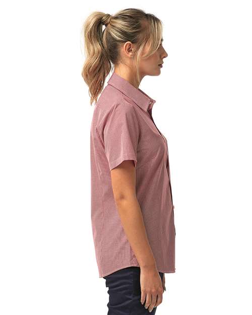 Red/ White Women&#39;s Microcheck Gingham Short Sleeve Cotton Dress Shirt - RP321
