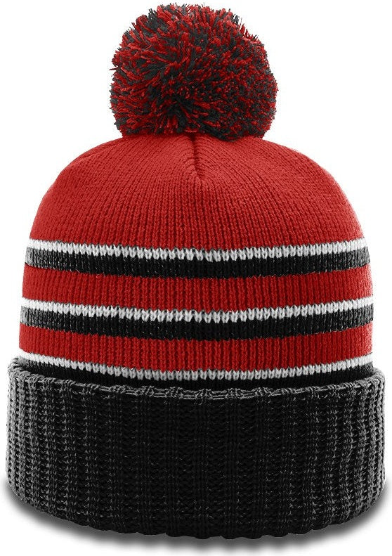 Red/Black/White Sriped Beanie with Cuff & Pom