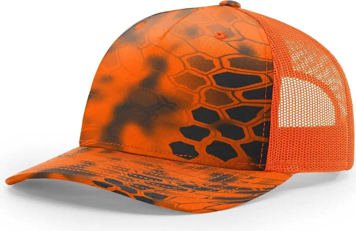 Richardson 112pfp 5 Panel Patterned Snapback Trucker Caps Kryptek Inferno Blaze Orange / Osfm