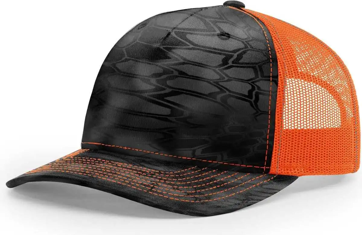 Richardson 112pfp 5 Panel Patterned Snapback Trucker Caps Kryptek Typhon Neon Orange / Osfm
