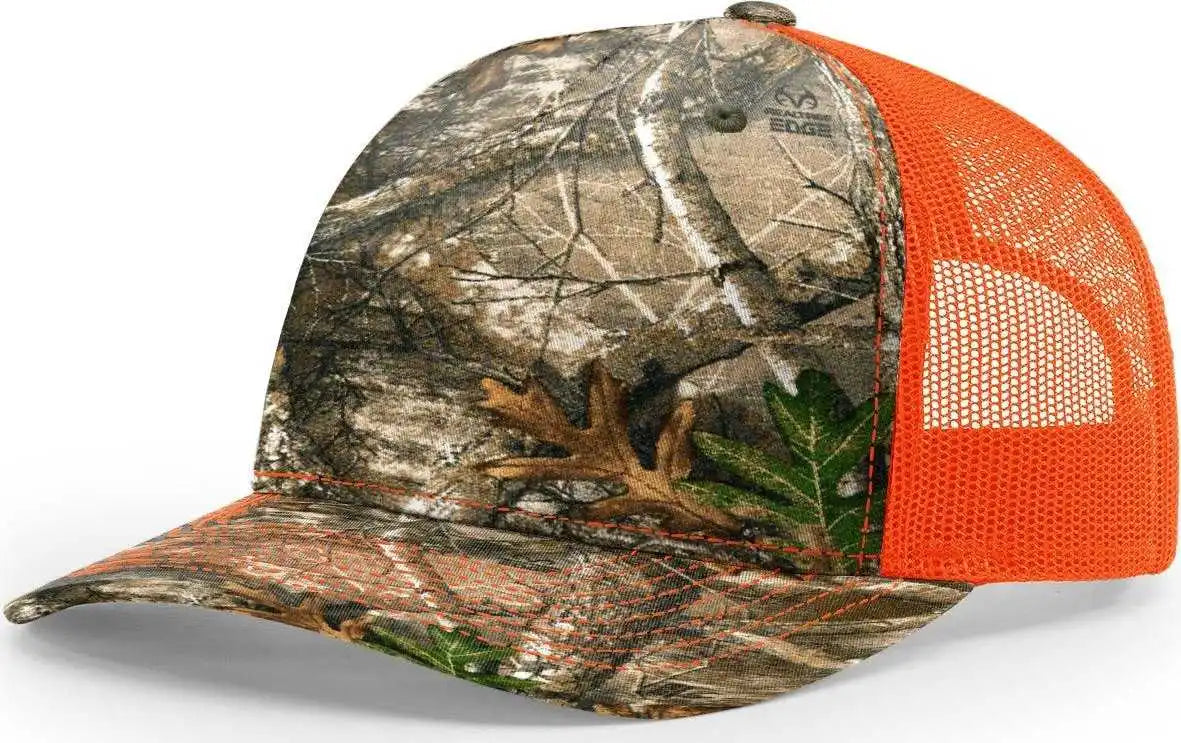 Richardson 112pfp 5 Panel Patterned Snapback Trucker Caps Realtree Edge Neon Orange Mossy Oak Light Gray / Osfm