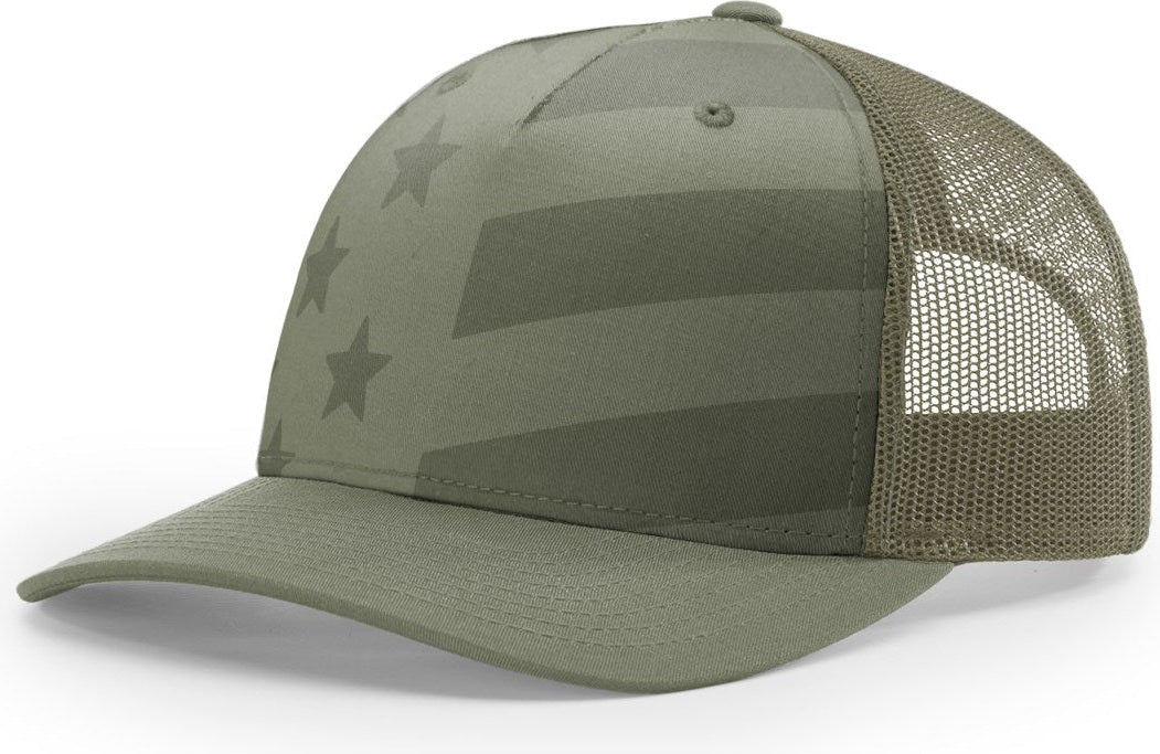 Richardson 112pfp Printed Five Panel Trucker Cap - Loden Tonal Stars & Stripes - Duck Camo / Osfm