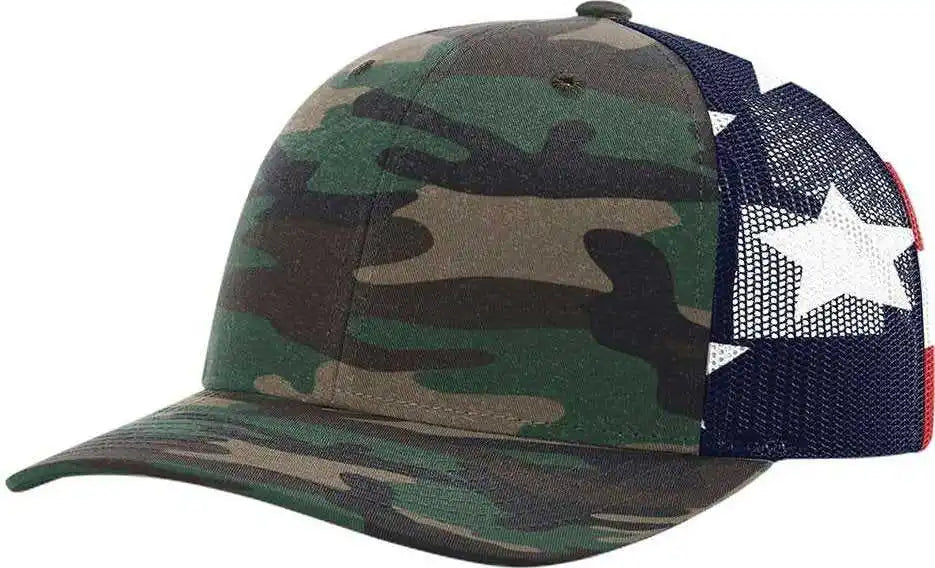 Richardson 112pm Printed Mesh-back Trucker Caps - Green Camo Stars & Stripes - Multi-colored / Osfm