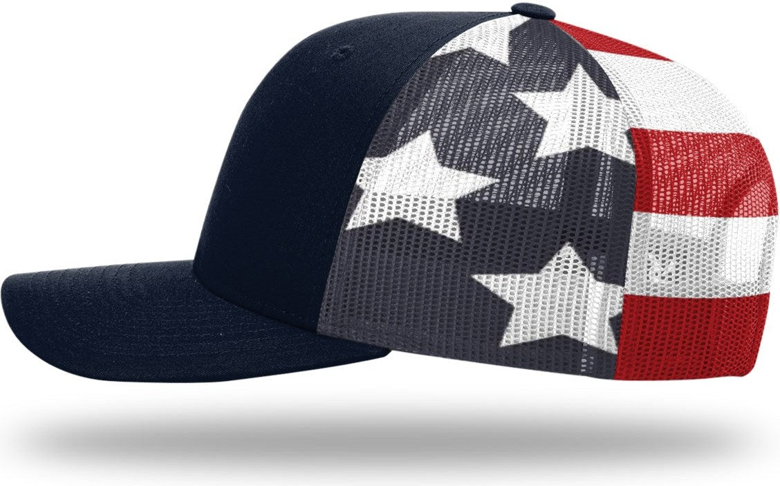 Richardson 112pm Printed Mesh Trucker Cap - Navy Stars & Stripes - Gray / Osfm