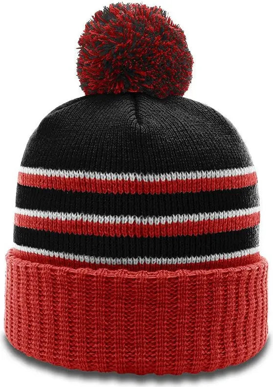 Richardson 134 Sriped Beanie with Cuff & Pom - Black Red White - Osfm