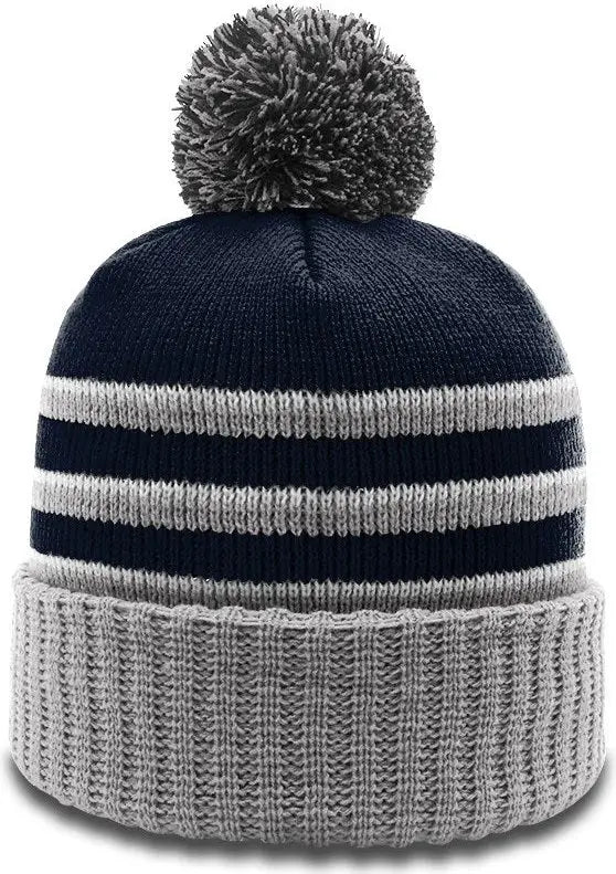 Richardson 134 Sriped Beanie with Cuff & Pom - Navy Gray White - Osfm