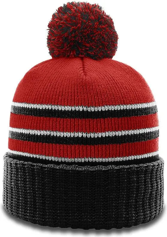 Richardson 134 Sriped Beanie with Cuff & Pom - Red Black White