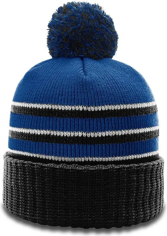 Richardson 134 Sriped Beanie with Cuff & Pom - Royal Black White - Osfm
