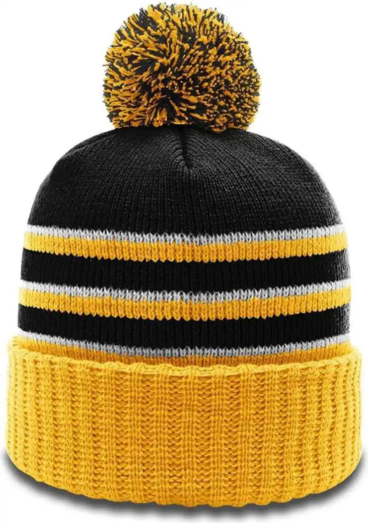Richardson 134 Stripe Pom Beanies with Cuff - Black Gold White - Osfm