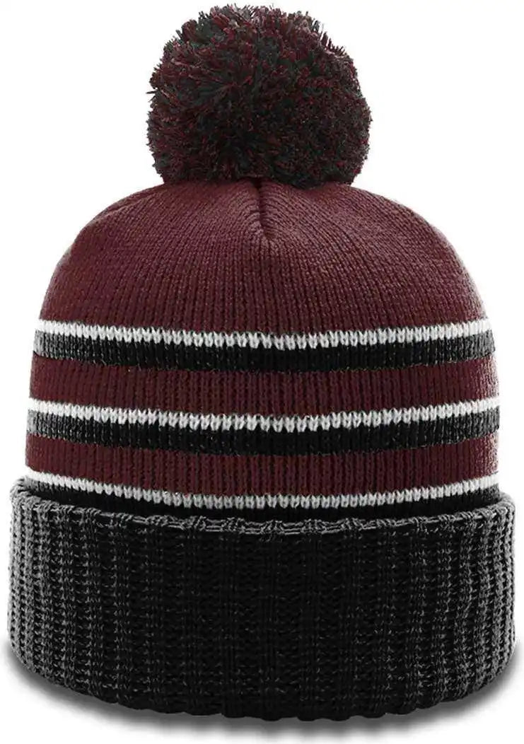 Richardson 134 Stripe Pom Beanies with Cuff - Maroon Black White - Osfm