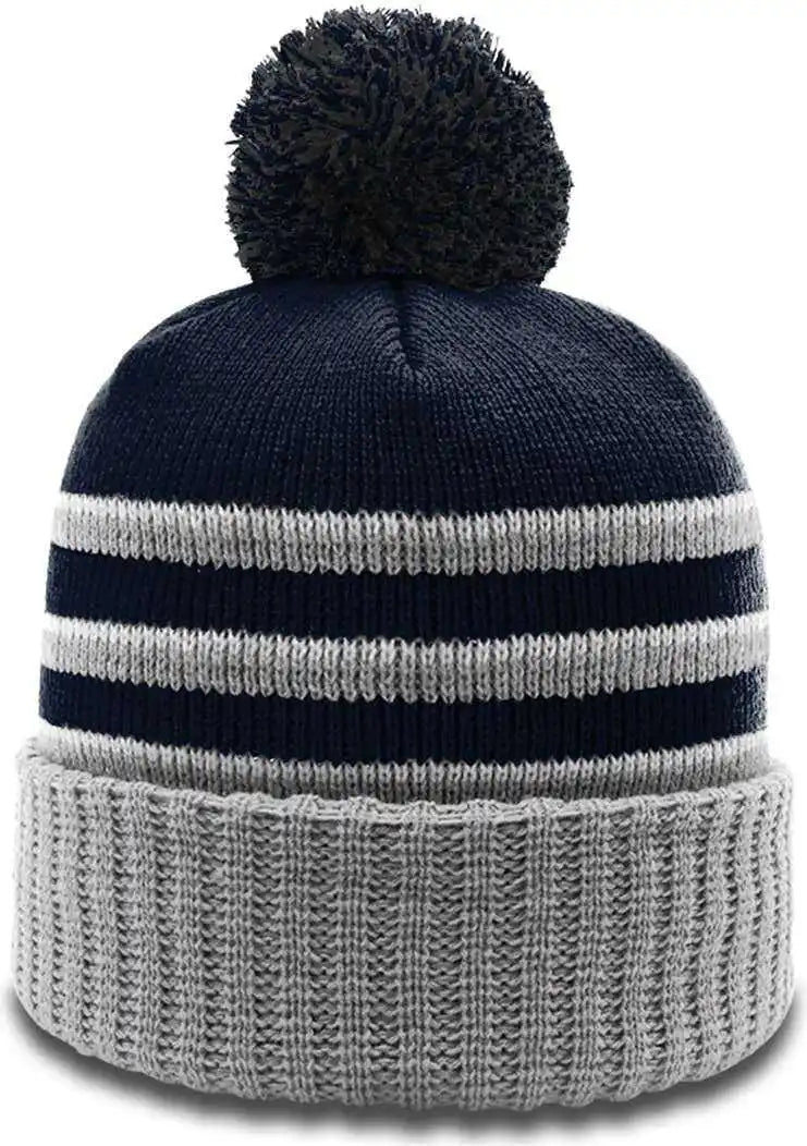 Richardson 134 Stripe Pom Beanies with Cuff - Navy Gray White - Osfm