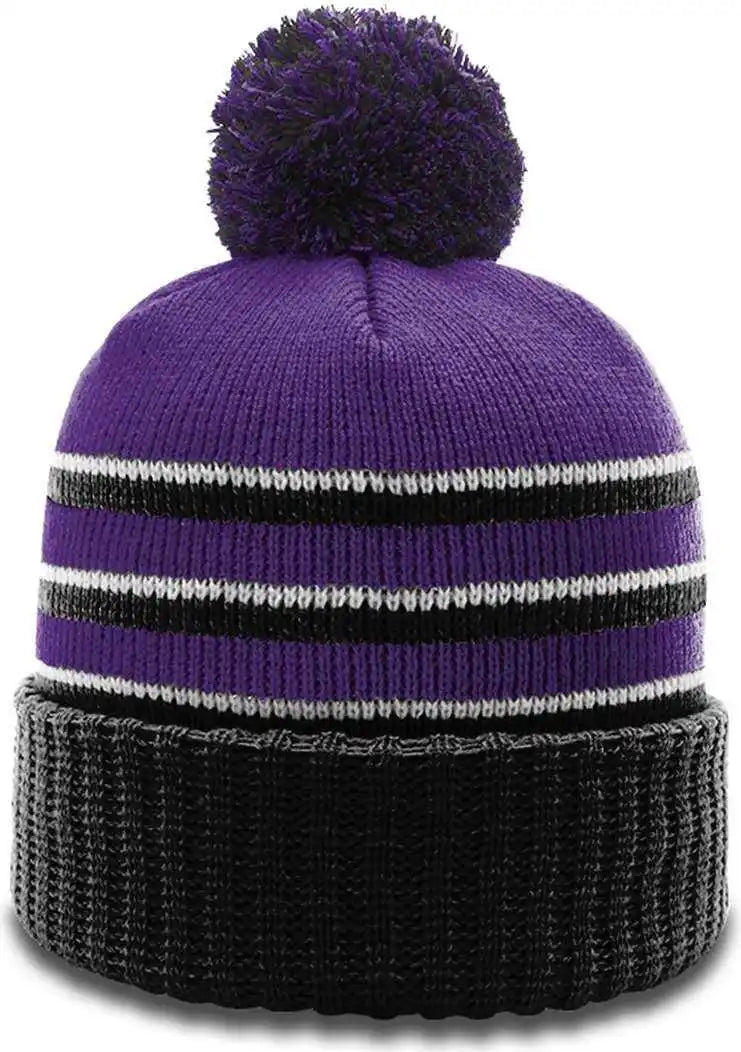 Richardson 134 Stripe Pom Beanies with Cuff Purple Black White / Osfm