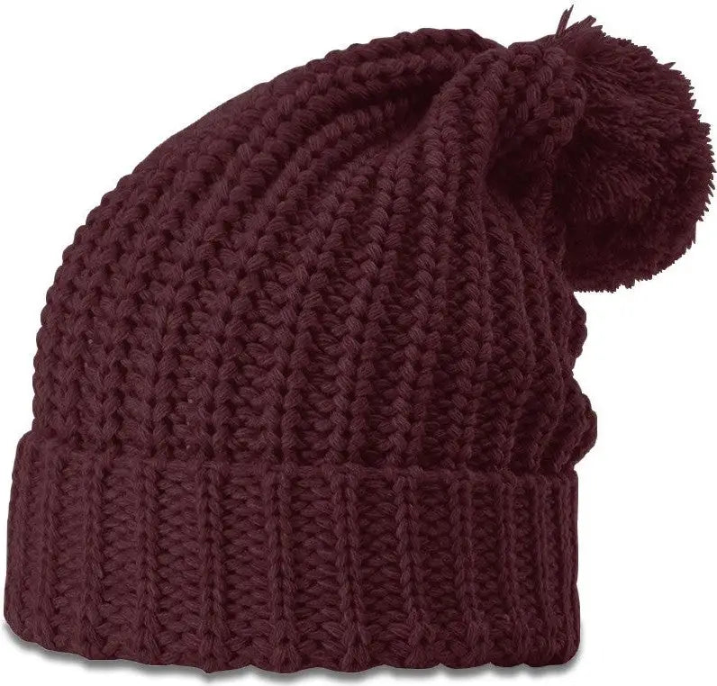 Richardson 143 Chunk Cable Beanie with Cuff & Pom - Burgundy - Osfm