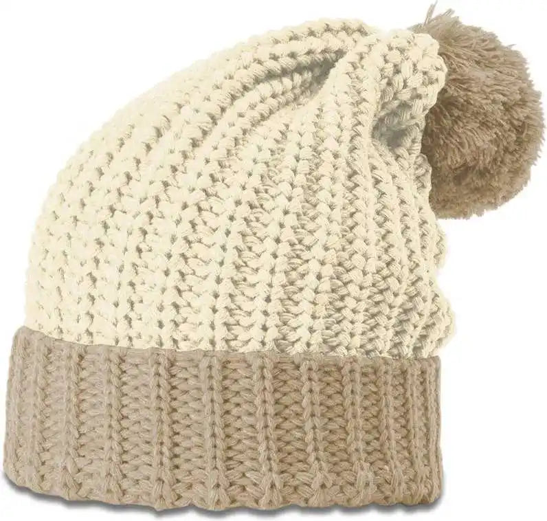 Richardson 143r Chunk Cable Beanies with Cuff and Pom - Cream Mocha - Ivory Tan / Osfm
