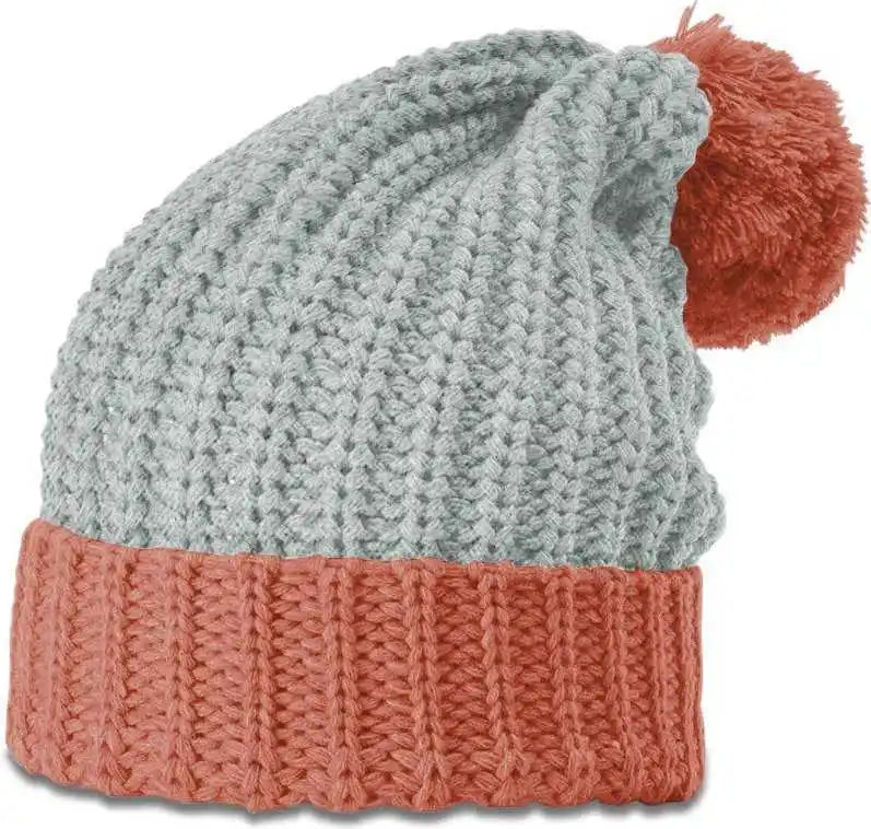 Richardson 143r Chunk Cable Beanies with Cuff and Pom - Heather Gray Rust - Maroon / Osfm