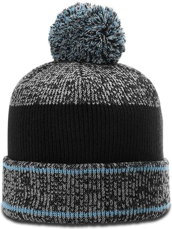 Richardson 148 Heather Beanie with Cuff & Pom - Gray Columbia Blue Black - Osfm