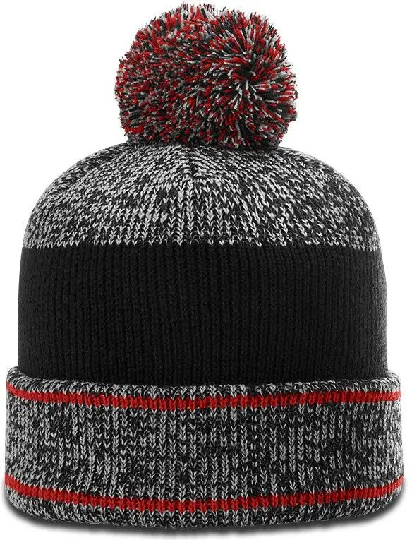 Richardson 148 Heather Beanie with Cuff & Pom - Gray Red Black - Osfm
