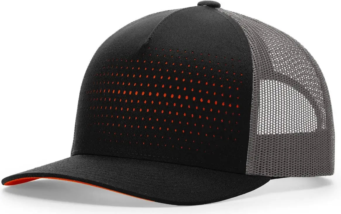 Richardson 163 Laser Cut Five Panel Trucker Cap - Black Charcoal Orange - Osfm