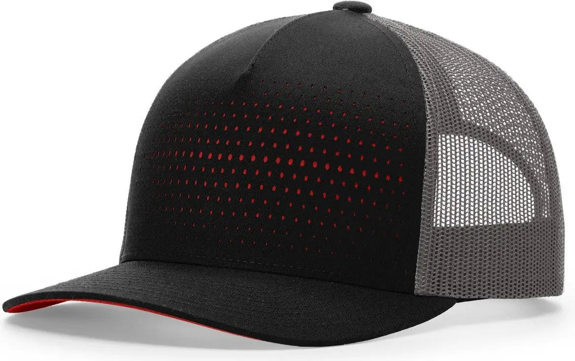 Richardson 163 Laser Cut Five Panel Trucker Cap - Black Charcoal Red - Osfm