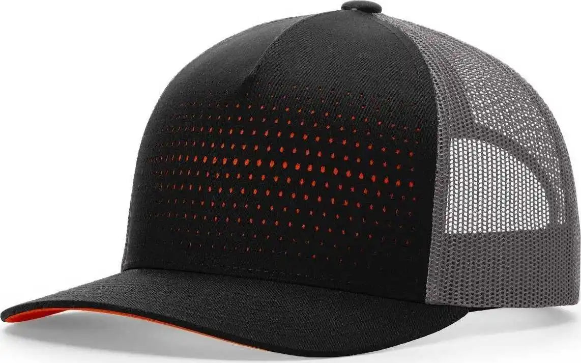 Richardson 163 Laser Cut Five Panel Trucker Caps - Black Charcoal Orange - Osfm