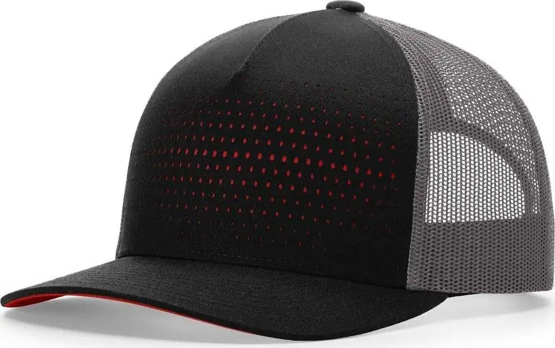 Richardson 163 Laser Cut Five Panel Trucker Caps Black Charcoal Red / Osfm