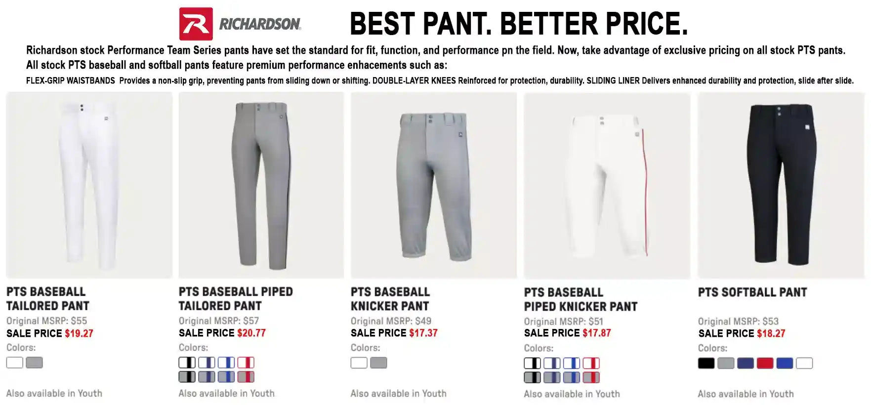 Richardson pts baseball tailored pant in white, gray, and black with performance features like flex-grip waistbands and double-layer knees.