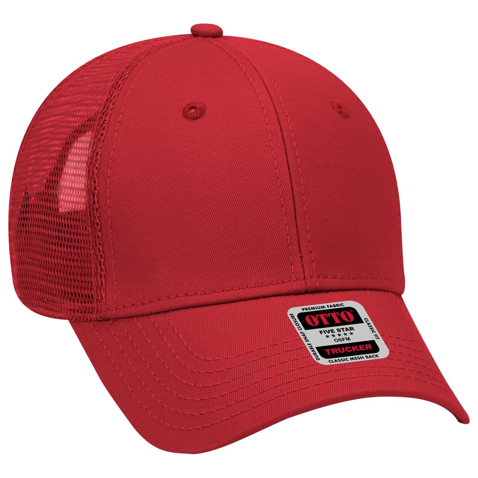 Front View of 002 - Red OTTO CAP 6 Panel Low Profile Mesh Back Trucker Hat
