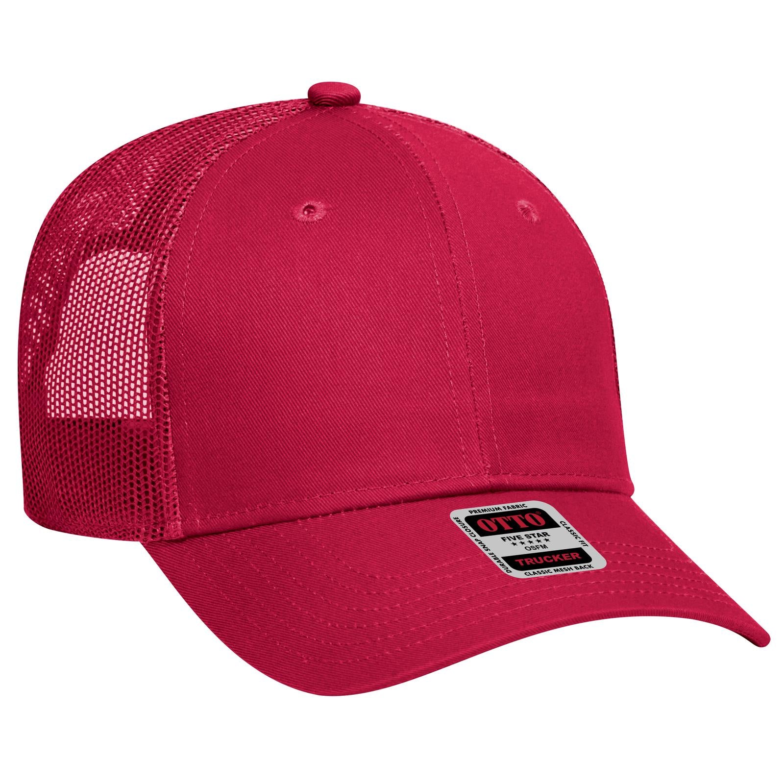Front View of 002 - Red OTTO CAP 6 Panel Low Profile Mesh Back Trucker Hat