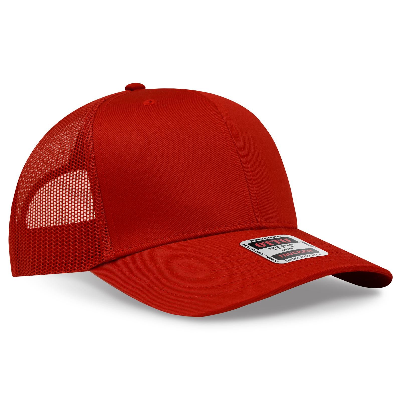 Front View of 002 - Red OTTO CAP 6 Panel Mid Profile Mesh Back Trucker Hat