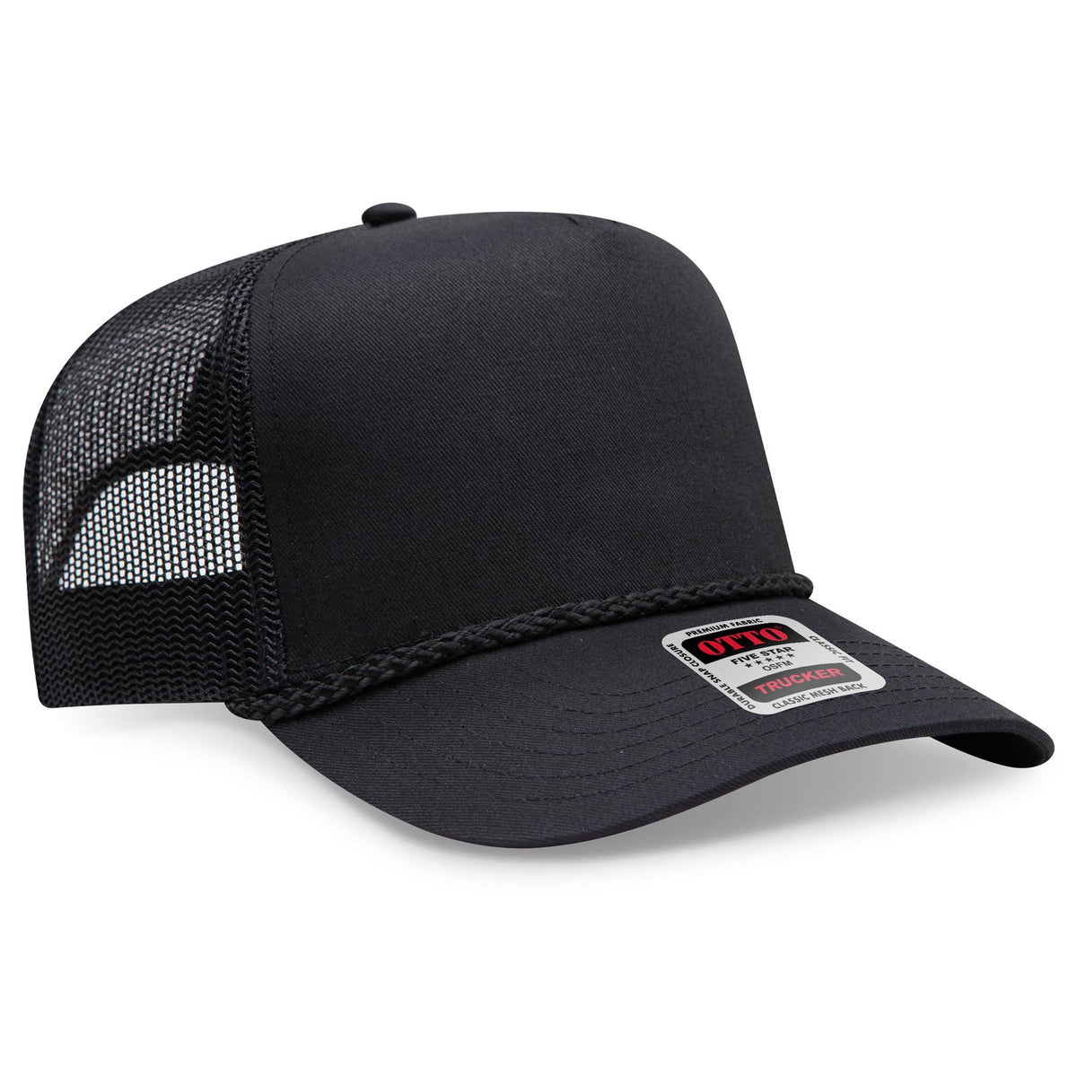 Right View of 003 - Black OTTO CAP 5 Panel Mid Profile Mesh Back Trucker Hat