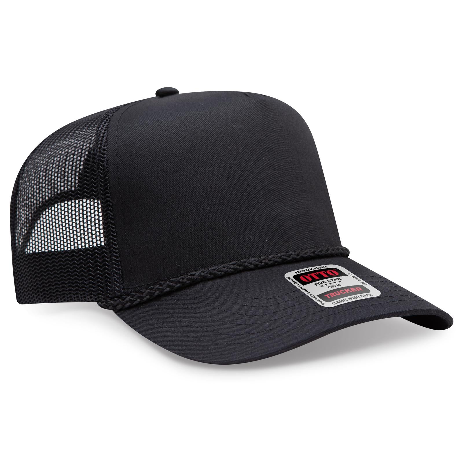 Front View of 003 - Black OTTO CAP 5 Panel Mid Profile Mesh Back Trucker Hat