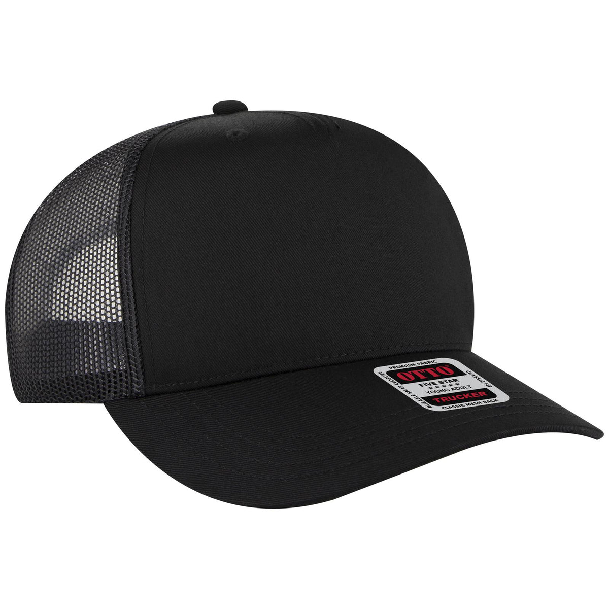 Right View of 003 - Black OTTO CAP 5 Panel Mid Profile Mesh Back Trucker Hat