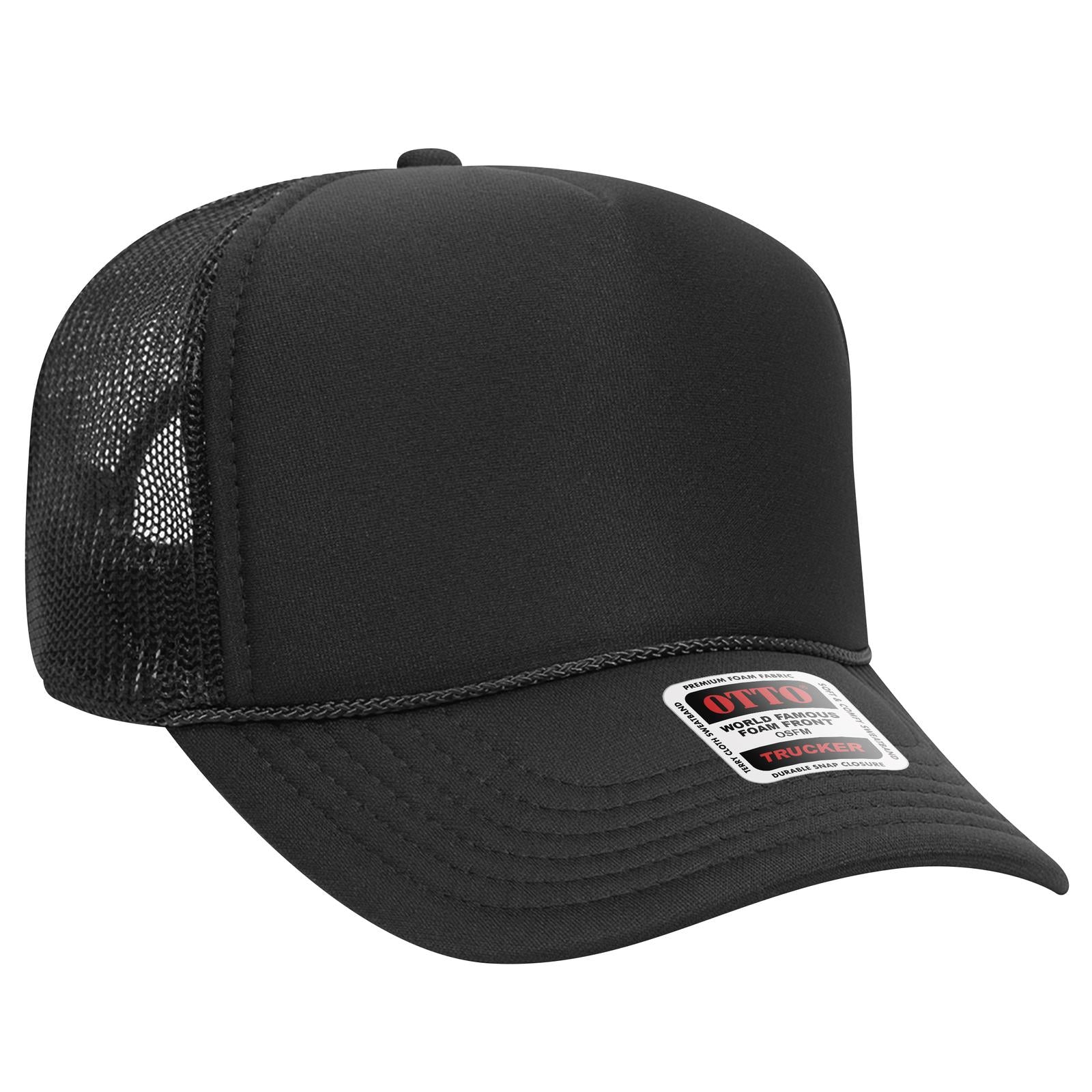 Front View of 003 - Black OTTO CAP 5 Panel Mid Profile Mesh Back Trucker Hat