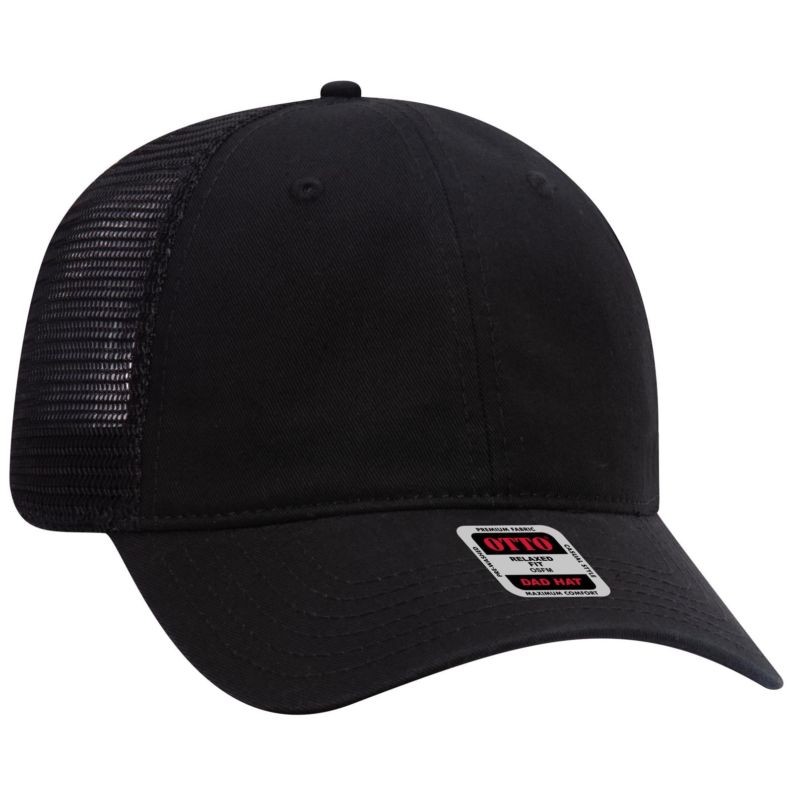 Front View of 003 - Black OTTO CAP 6 Panel Low Profile Mesh Back Trucker Dad Hat