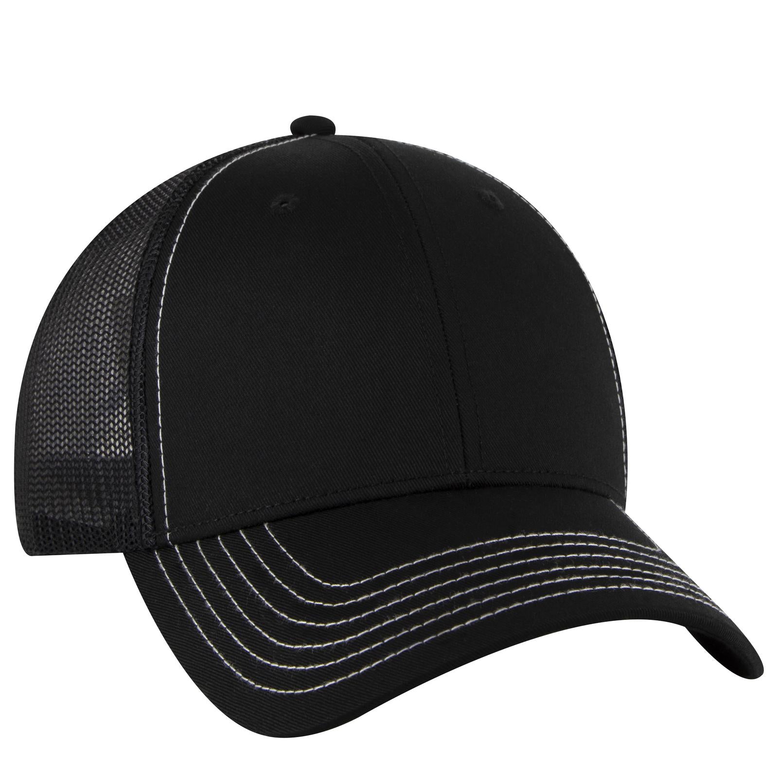 Front View of 003 - Black OTTO CAP 6 Panel Low Profile Mesh Back Trucker Hat