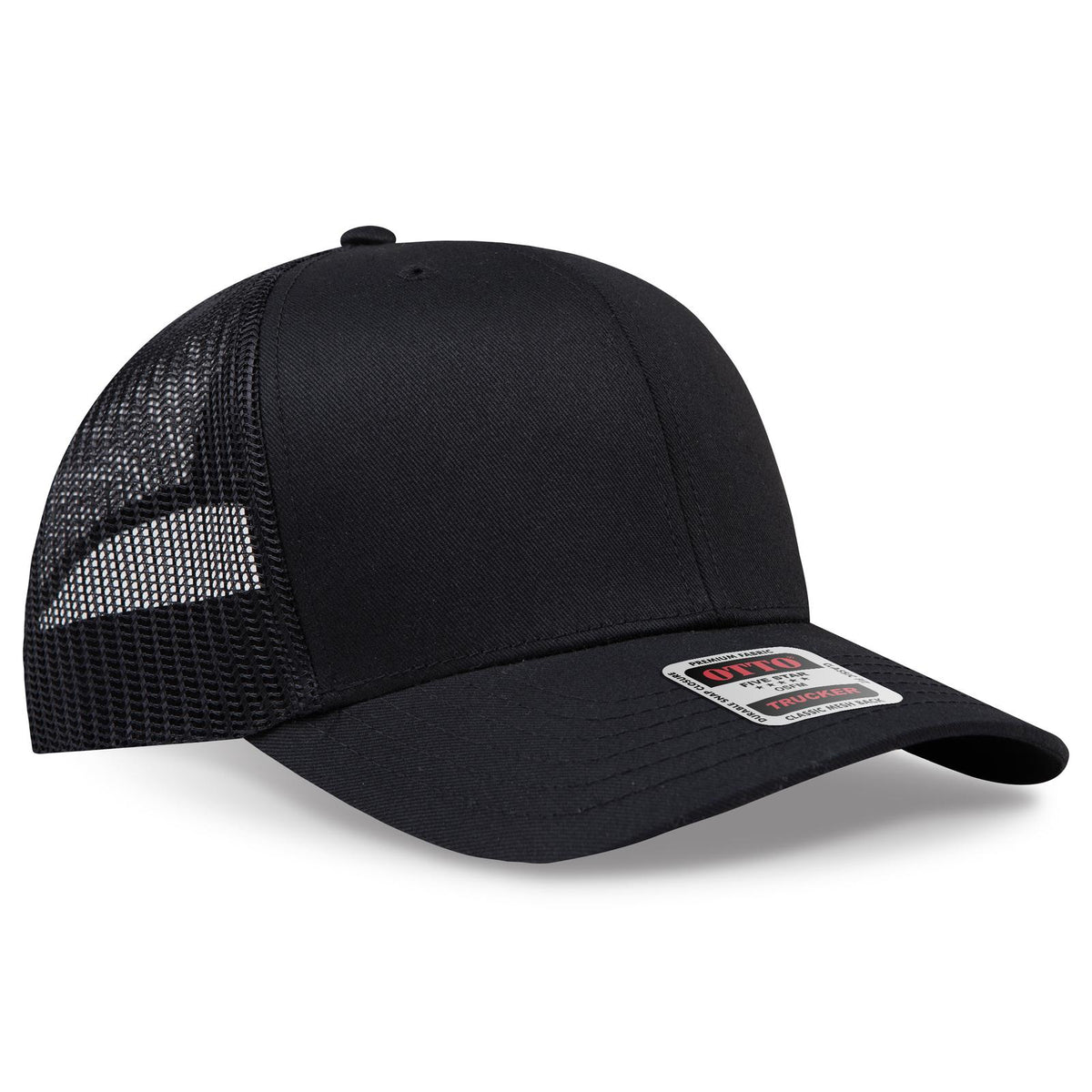 Right View of 003 - Black OTTO CAP 6 Panel Mid Profile Mesh Back Trucker Hat