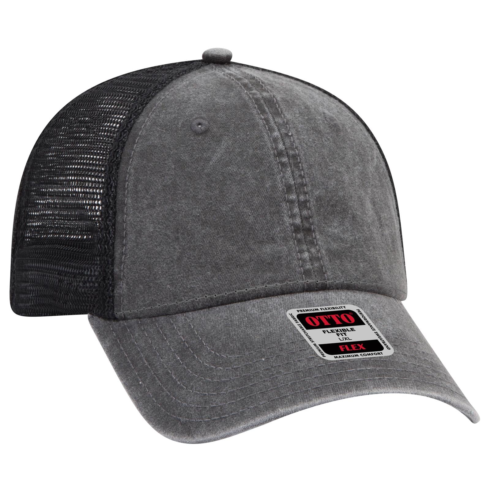 Front View of 003 - Black OTTO CAP "OTTO FLEX" Fitted 6 Panel Low Profile Mesh Back Trucker Hat