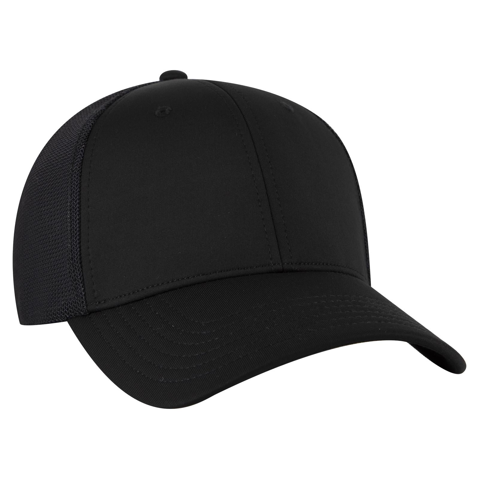 Front View of 003A - Black OTTO CAP "OTTO FLEX" Fitted 6 Panel Low Profile Mesh Back Trucker Hat