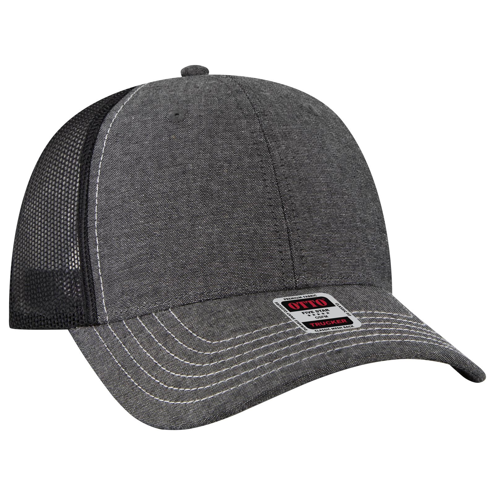 Front View of 003V - Blk OTTO CAP 6 Panel Low Profile Mesh Back Trucker Hat