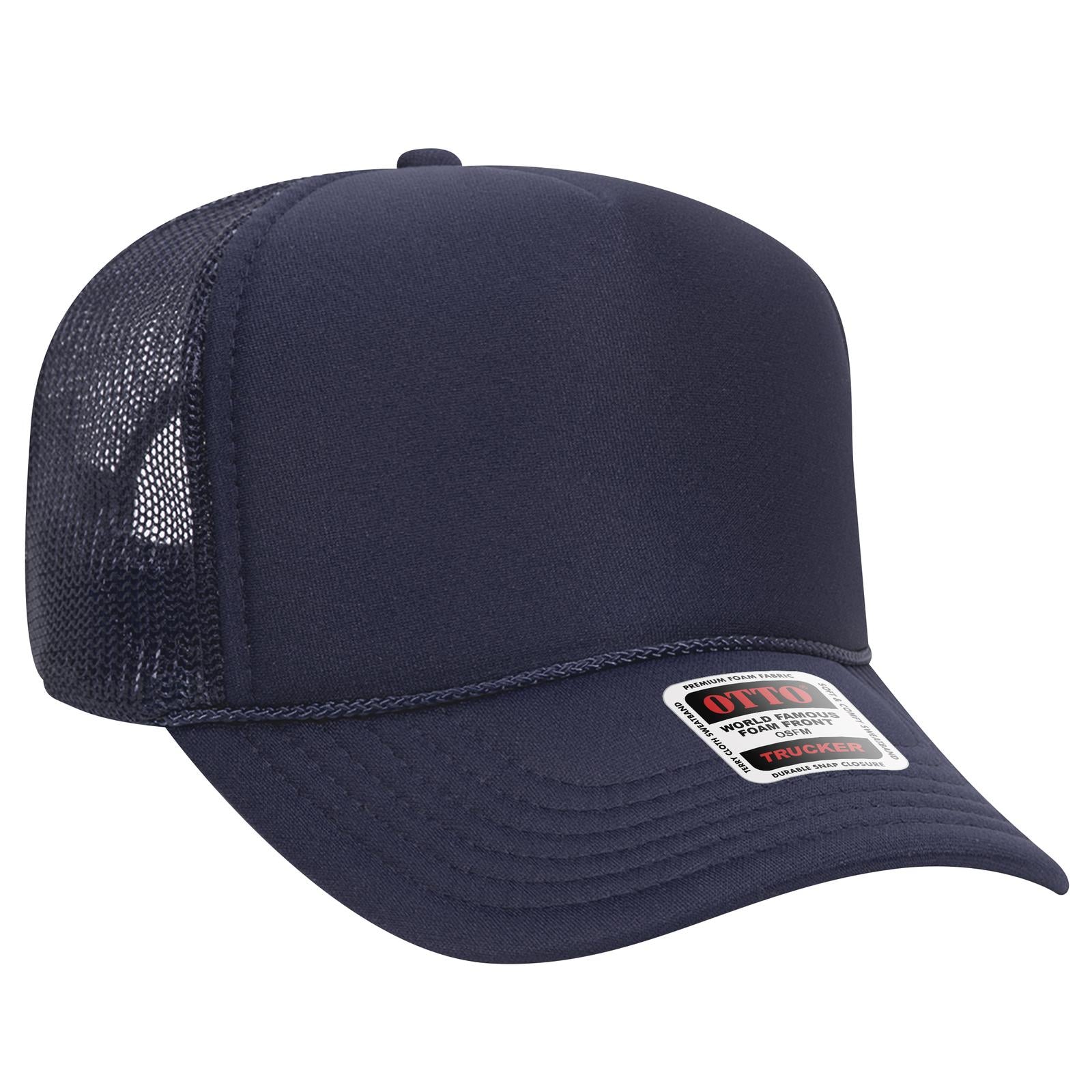 Front View of 004 - Navy OTTO CAP 5 Panel Mid Profile Mesh Back Trucker Hat