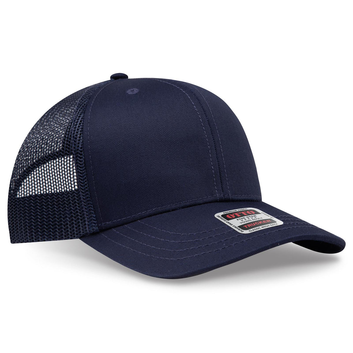 Right View of 004 - Navy OTTO CAP 6 Panel Mid Profile Mesh Back Trucker Hat