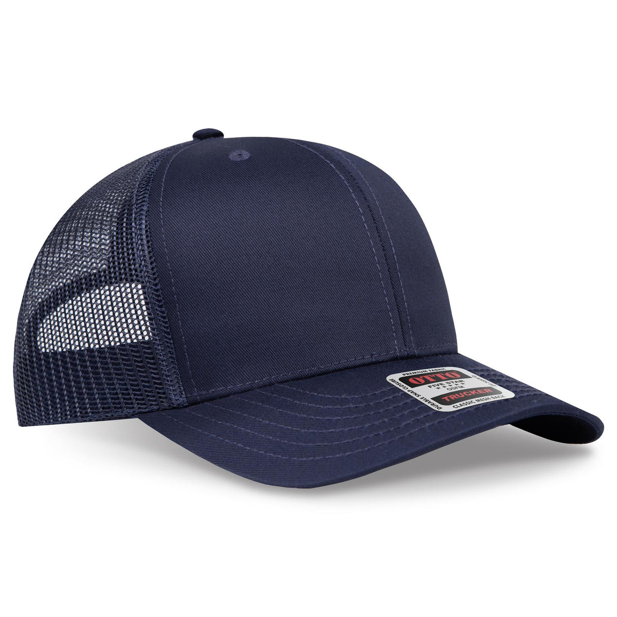 Right View of 004 - Navy OTTO CAP 6 Panel Mid Profile Mesh Back Trucker Hat