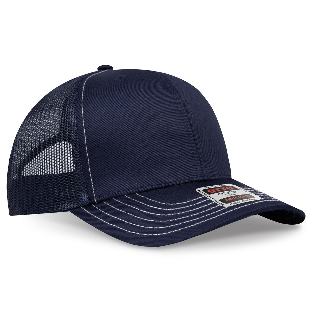 Right View of 004A - Navy OTTO CAP 6 Panel Mid Profile Mesh Back Trucker Hat