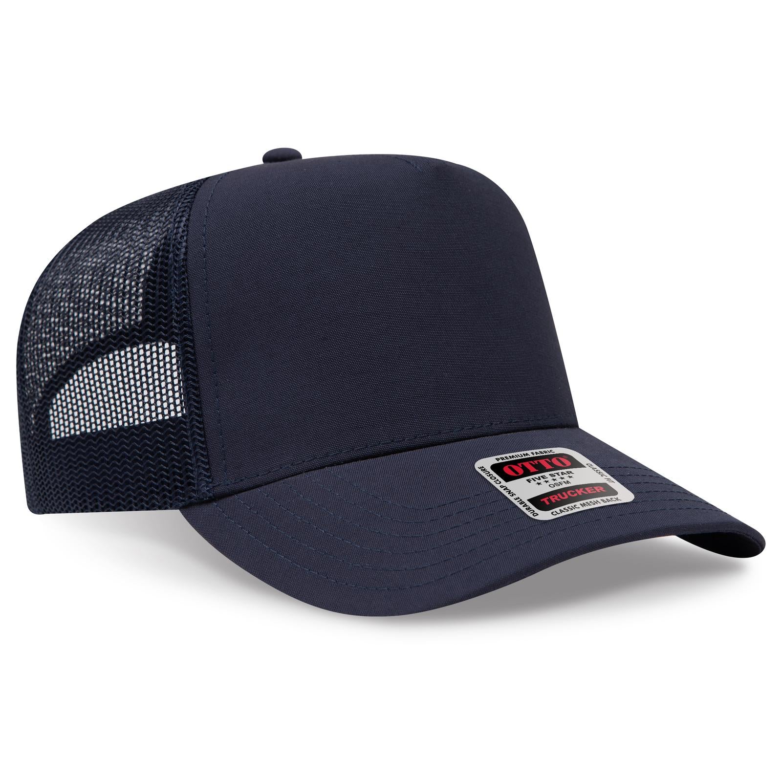 Front View of 004B - Nvy OTTO CAP 5 Panel Mid Profile Mesh Back Trucker Hat