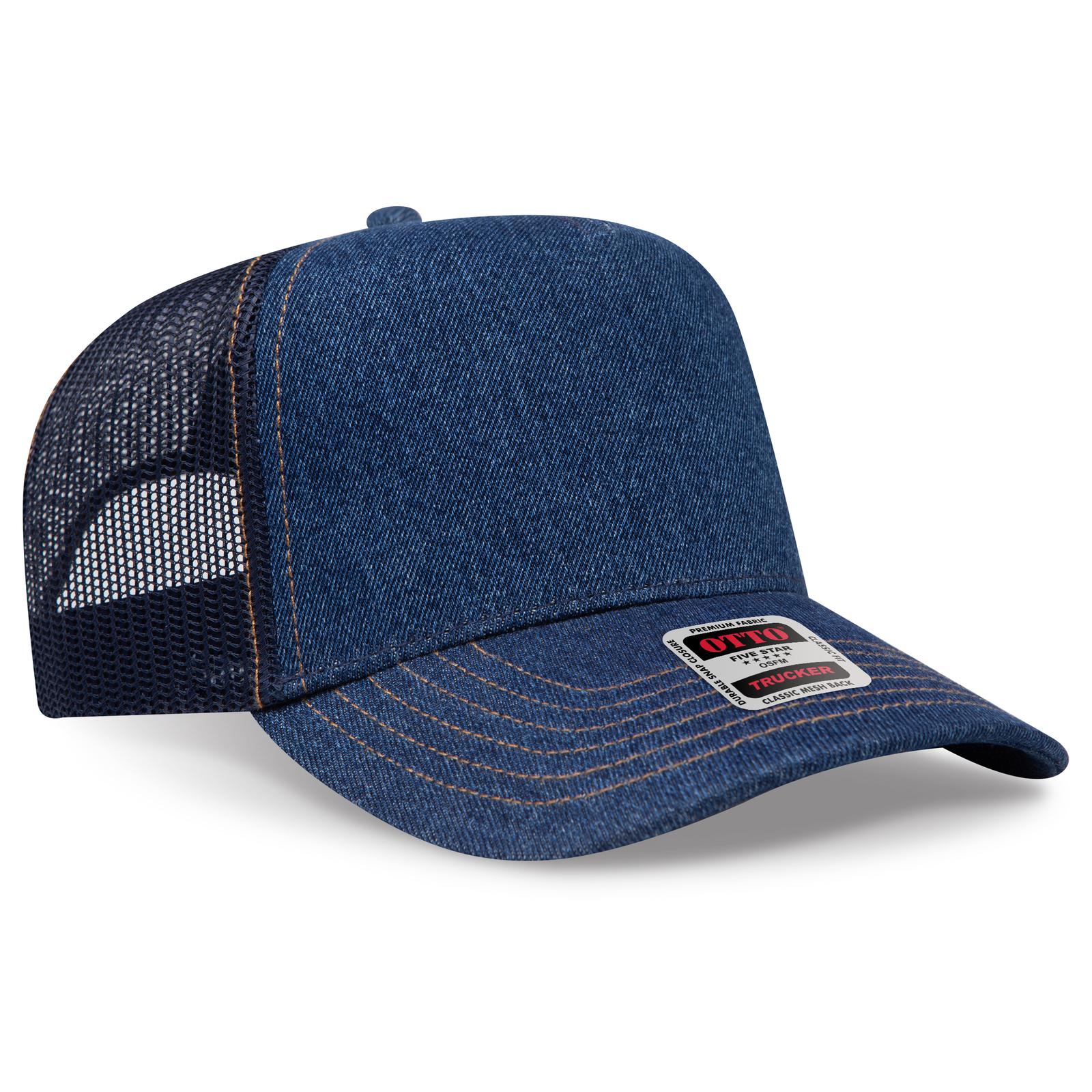 Front View of 004G - Nvy/Gld OTTO CAP 5 Panel Mid Profile Mesh Back Trucker Hat