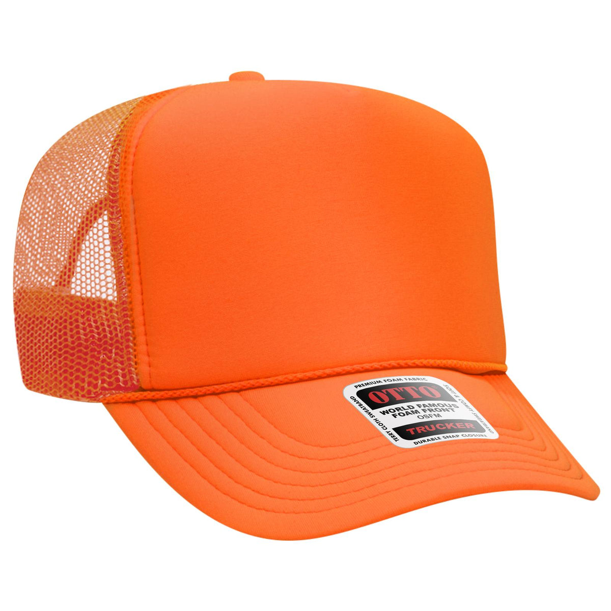 Right View of 009 - N. Orange OTTO CAP 5 Panel High Crown Mesh Back Trucker Hat